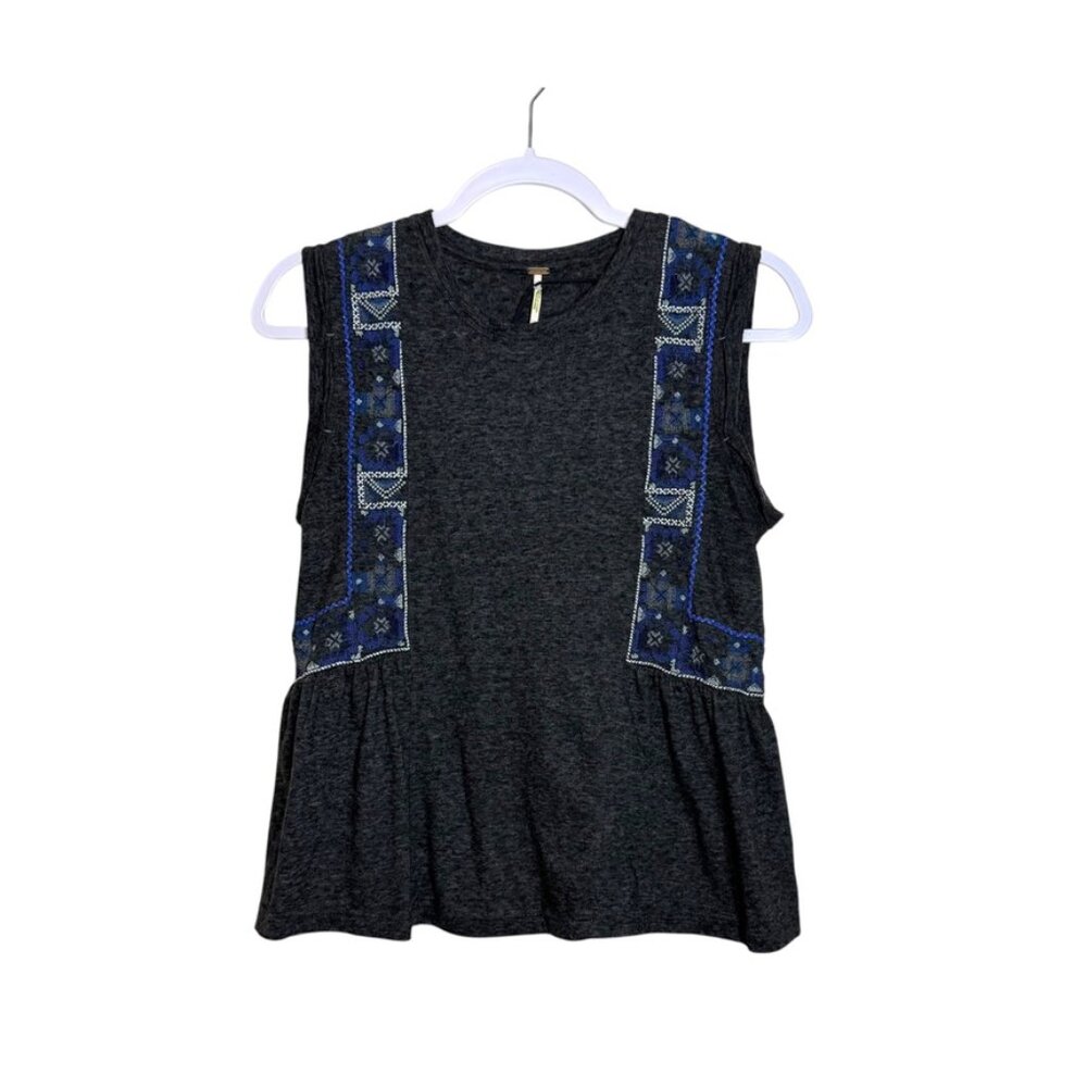 Free People Marcy Tank Top‎ Women S Heathered Grey Embroidered Boho Lightweight
